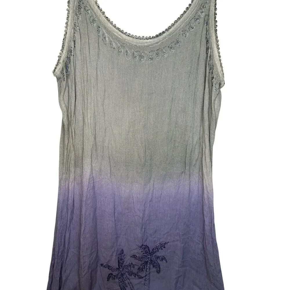 Raya Sun Embroidered Ombré Tank Sun Dress Size M Purple India Beach Palm Tree - Picture 3 of 5